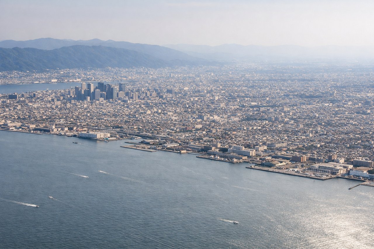 Left window seat view during landing at Osaka (ITM) — Osaka Bay (Osaka-wan), Kobe skyline across the water to the northwest, Akashi Kaikyo Bridge visible in the distance on clear days, urban grid of central Osaka receding to the right