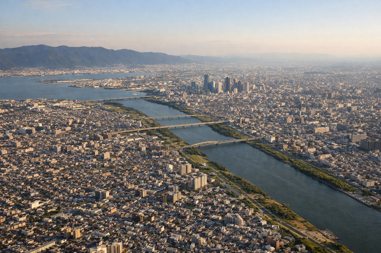 Right window seat view during landing at Osaka (ITM) — Osaka Bay (Osaka-wan), Kobe skyline across the water to the northwest, Akashi Kaikyo Bridge visible in the distance on clear days, urban grid of central Osaka receding to the right