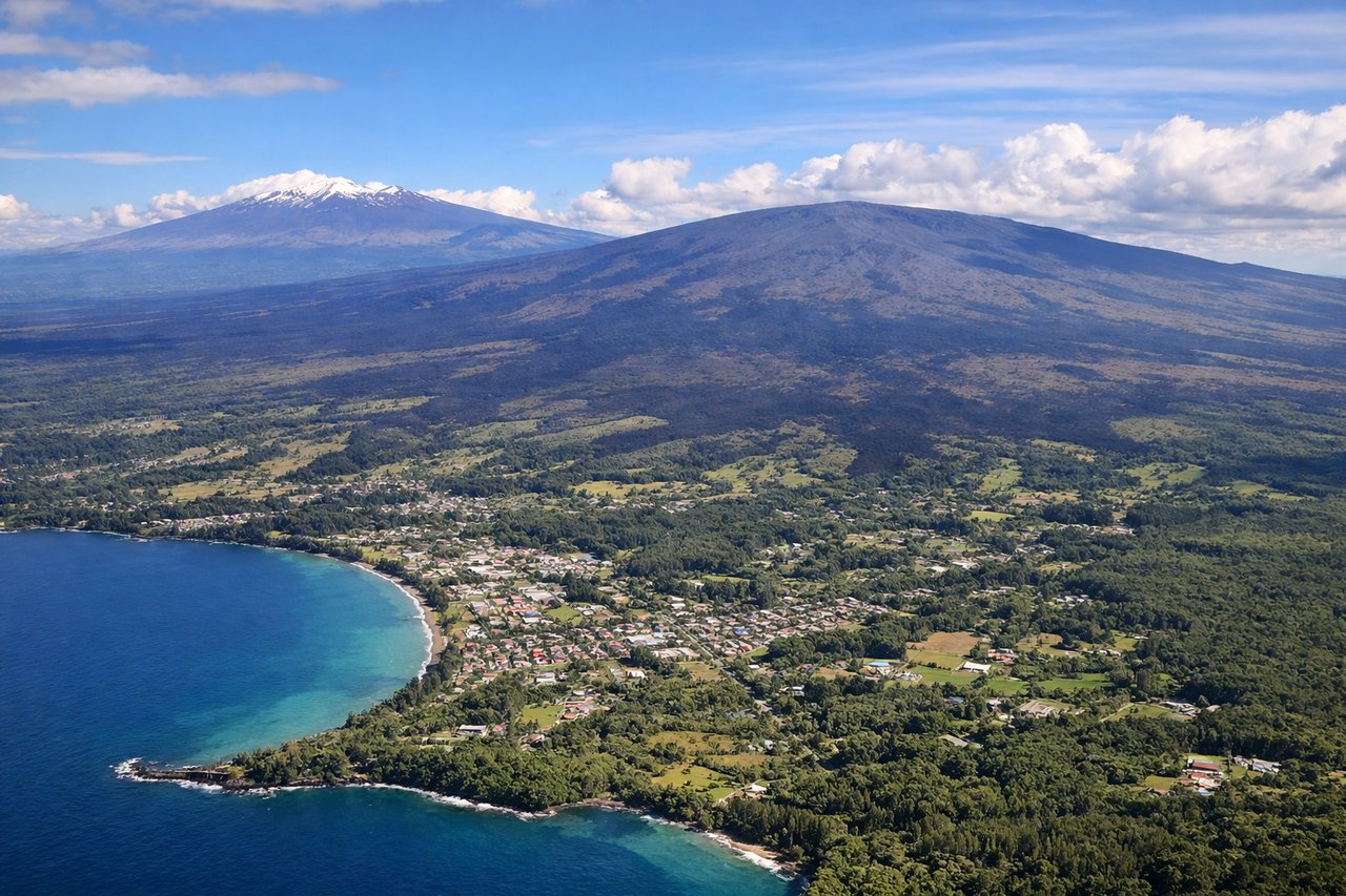 Left window seat view during landing at Hilo (ITO) — Mauna Kea (13,796 ft, visible as a distant peak on the horizon), Mauna Loa's northern flank, Hilo Bay and coastal settlement, Saddle Road corridor between the two shield volcanoes