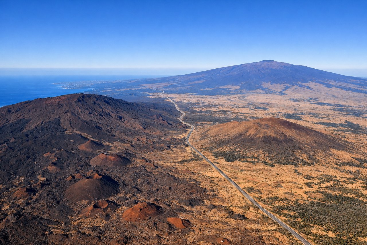 Right window seat view during takeoff from Hilo (ITO) — Mauna Kea volcano (snow-capped in winter), Hilo Bay and Hilo Harbor, Saddle Road corridor between Mauna Kea and Mauna Loa, lush green windward slopes of the Big Island
