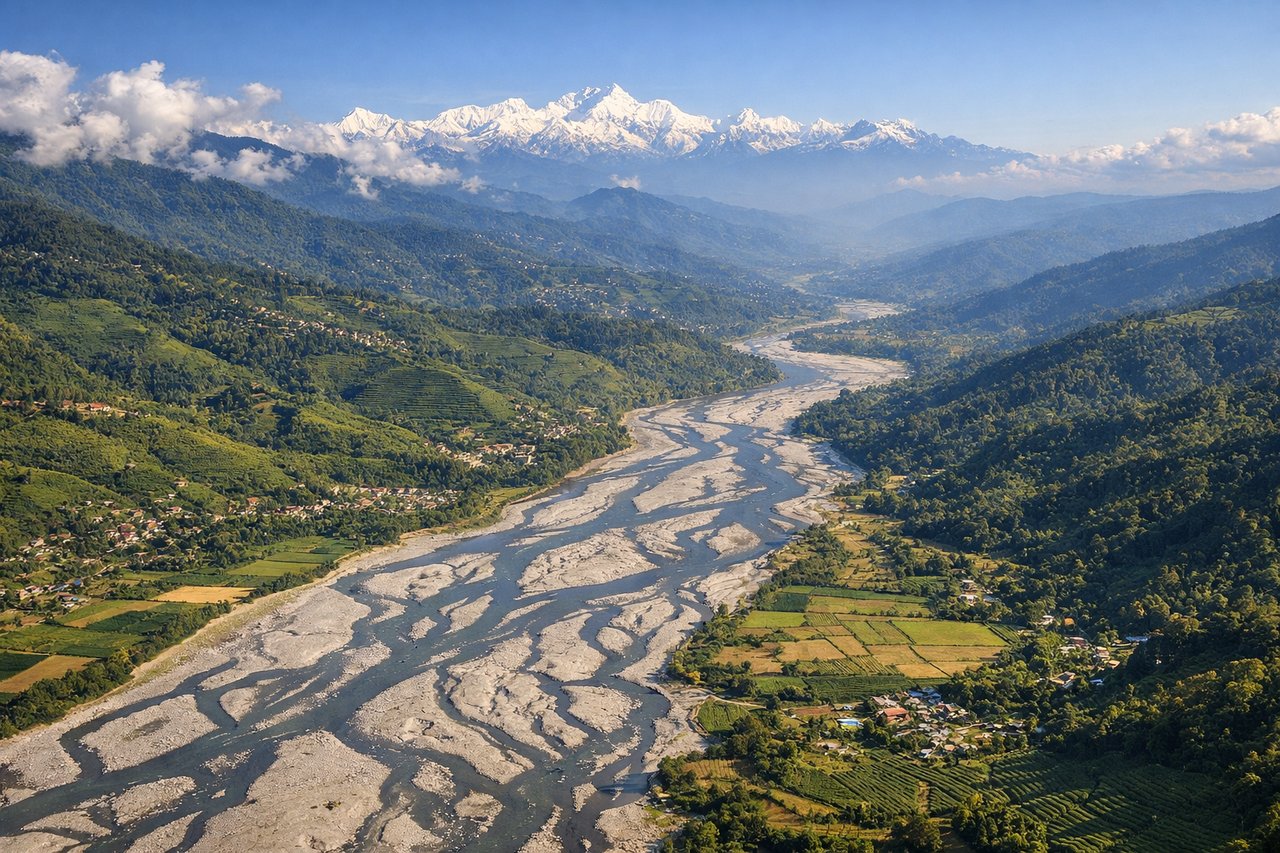 Left window seat view during landing at Baghdogra (IXB) — Teesta River (major drainage feature with visible bends), Himalayan foothills to the west, Darjeeling district tea gardens (patchwork visible at distance), Siliguri urban sprawl to the south