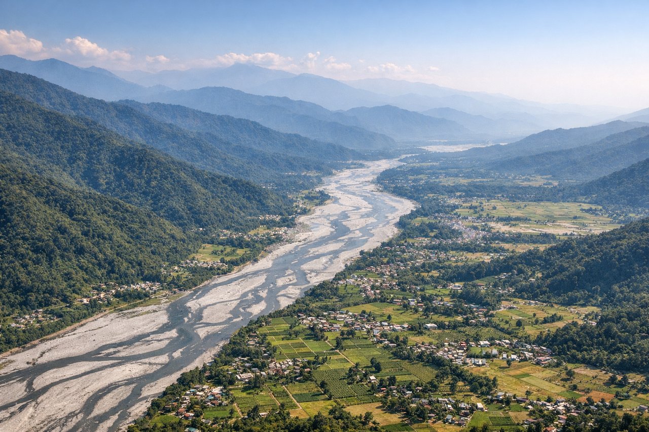 Right window seat view during landing at Baghdogra (IXB) — Teesta River (major drainage feature with visible bends), Himalayan foothills to the west, Darjeeling district tea gardens (patchwork visible at distance), Siliguri urban sprawl to the south