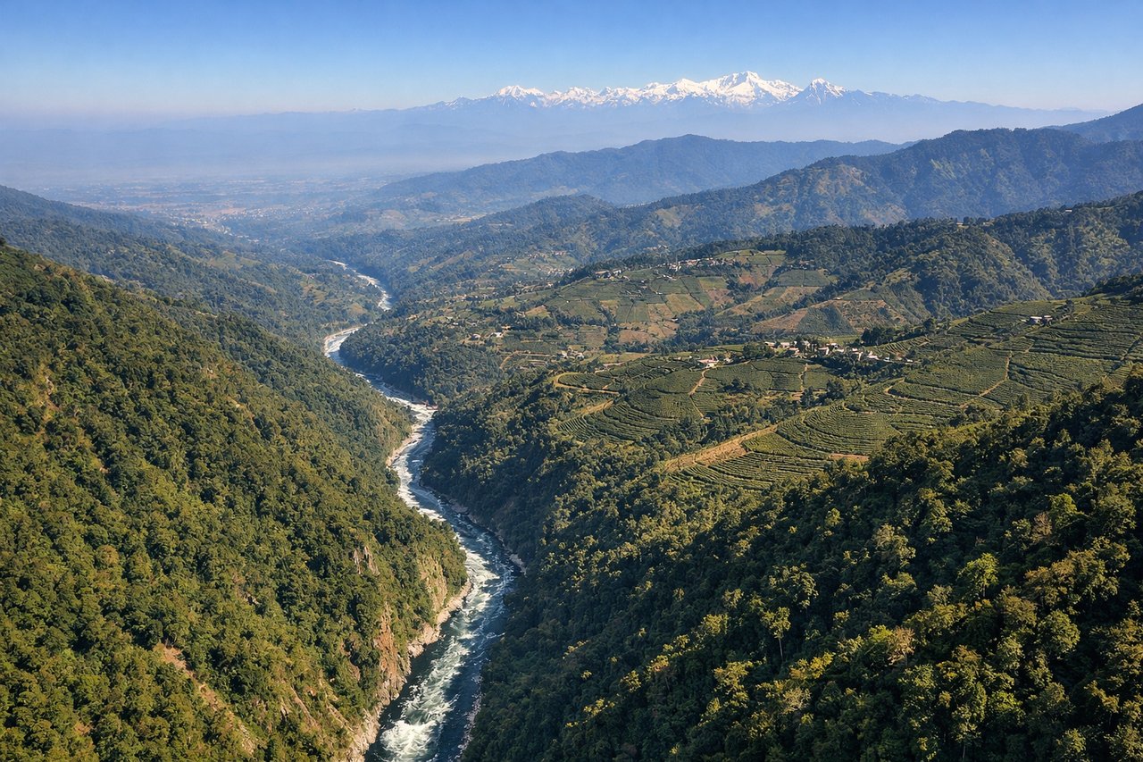 Right window seat view during takeoff from Baghdogra (IXB) — Eastern Himalayan foothills (Darjeeling district peaks), Teesta River valley to the southwest, Brahmaputra Valley plains to the east, forested slopes of the Siwalik range
