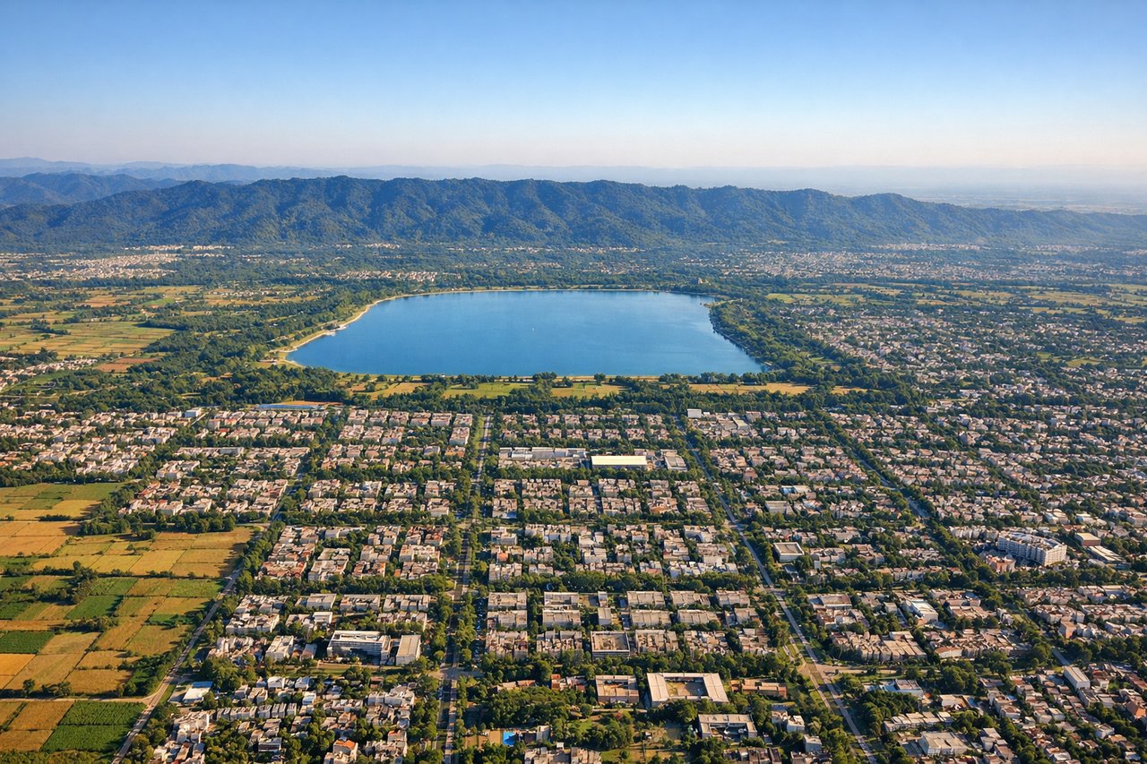 Aerial window seat view during landing at Chandigarh (left side) — Shivalik Range foothills (southern backdrop), Sukhna Lake (artificial water body near city center), Chandigarh's geometric planned layout (distinctive grid pattern), Punjab plains extending northward