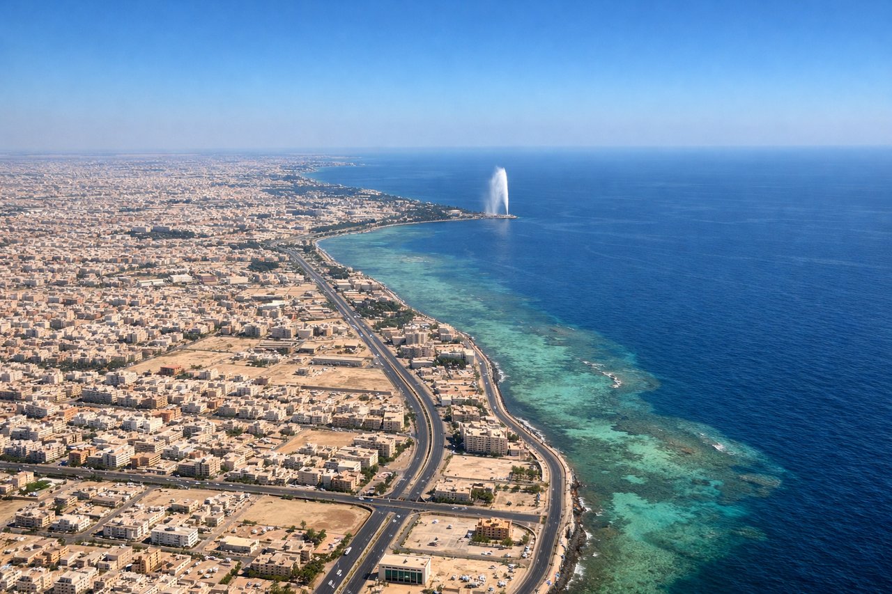 Aerial window seat view during landing at Jeddah (right side) — Red Sea (Bahr al-Ahmar) with its distinctive deep blue color, Jeddah's waterfront and corniche development, Tihamah coastal plain with its flat, arid terrain, occasional coral reef patterns visible in shallow Red Sea waters near the coast