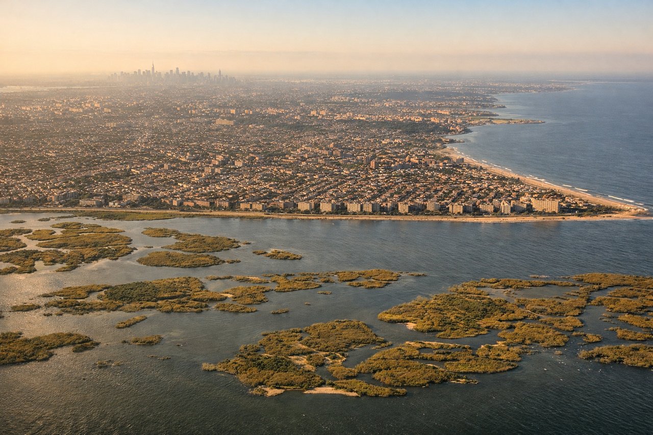 Aerial window seat view during landing at New York (left side) — Manhattan skyline, East River, Long Island Sound, Jamaica Bay wetlands