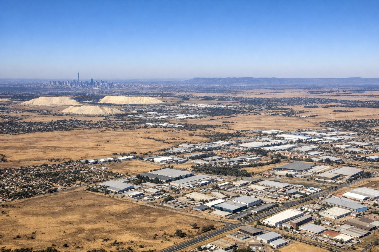 Aerial window seat view during landing at Johannesburg (left side) — Witwatersrand ridge and gold mining history (visible as a linear elevation feature), Johannesburg city center skyline, Magaliesburg Range to the northwest, Johannesburg's sprawling suburban grid extending south