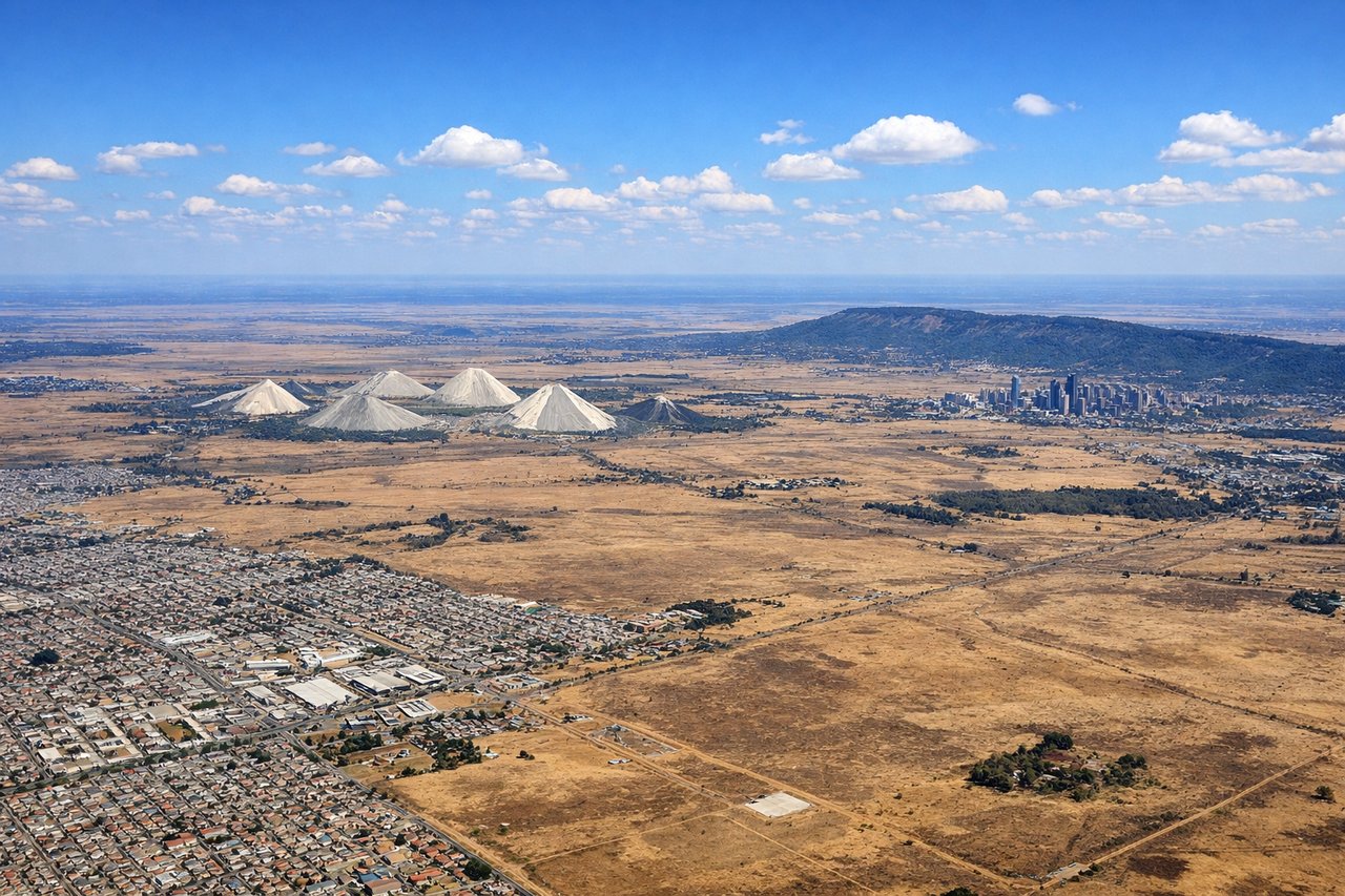 Right window seat view during takeoff from Johannesburg (JNB) — Johannesburg CBD skyline (including Ponte Tower), gold mine tailings dumps south of the city, Witwatersrand ridge line, Highveld plains stretching toward Pretoria