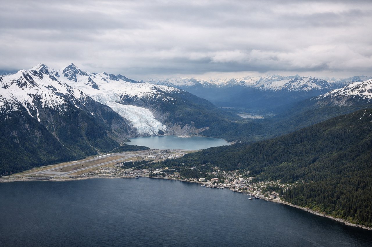 Aerial window seat view during takeoff from Juneau (left side) — Gastineau Channel, Chilkat Mountains, Auke Bay, Mendenhall Glacier (visible in distance to southeast)
