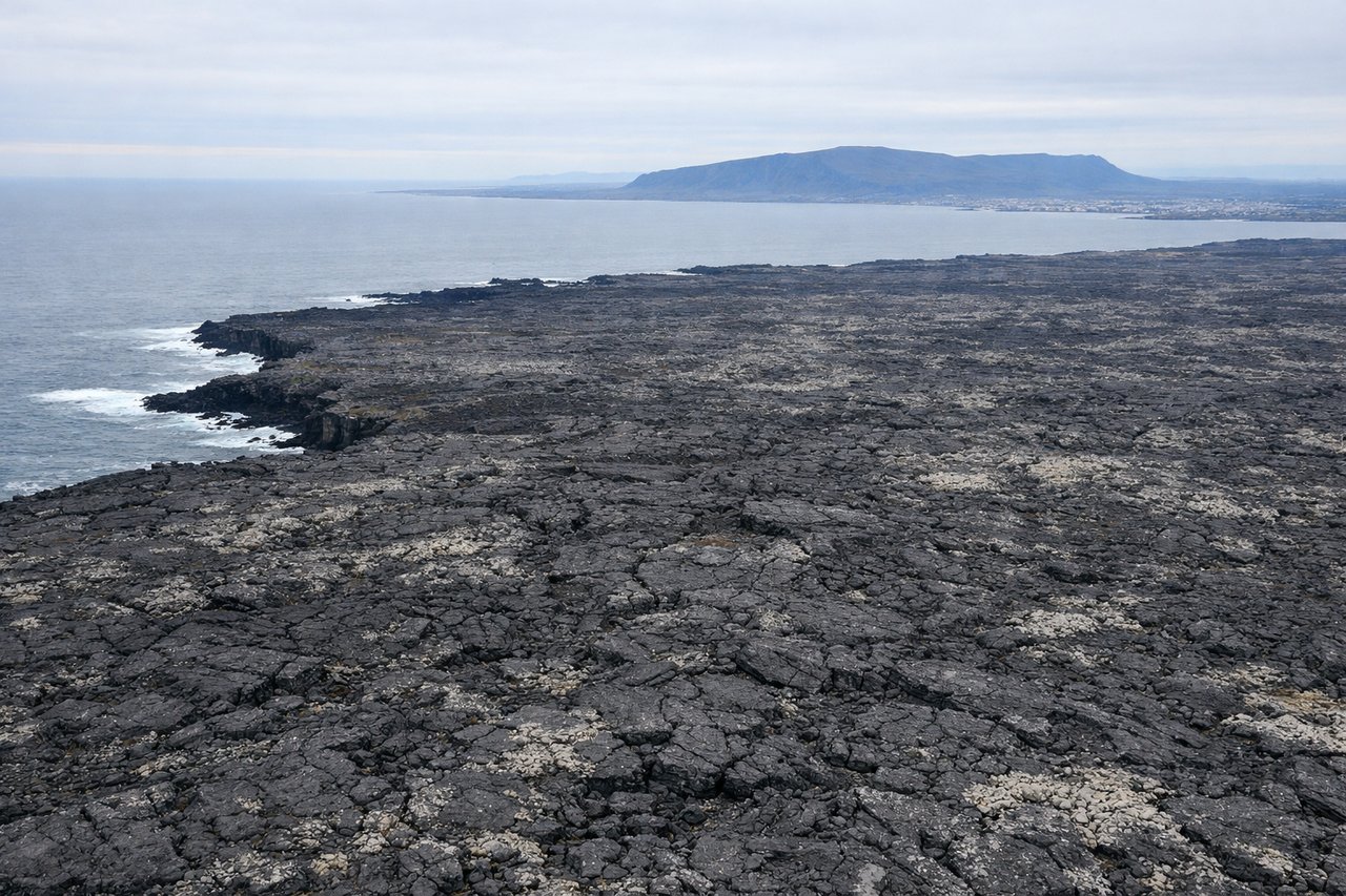 Left window seat view during landing at Keflavik (KEF) — Reykjanes Peninsula lava fields (dark volcanic rock formations), Atlantic Ocean coastline to the west, geothermal steam vents near Grindavík area, Fagradalsfjall volcanic ridge