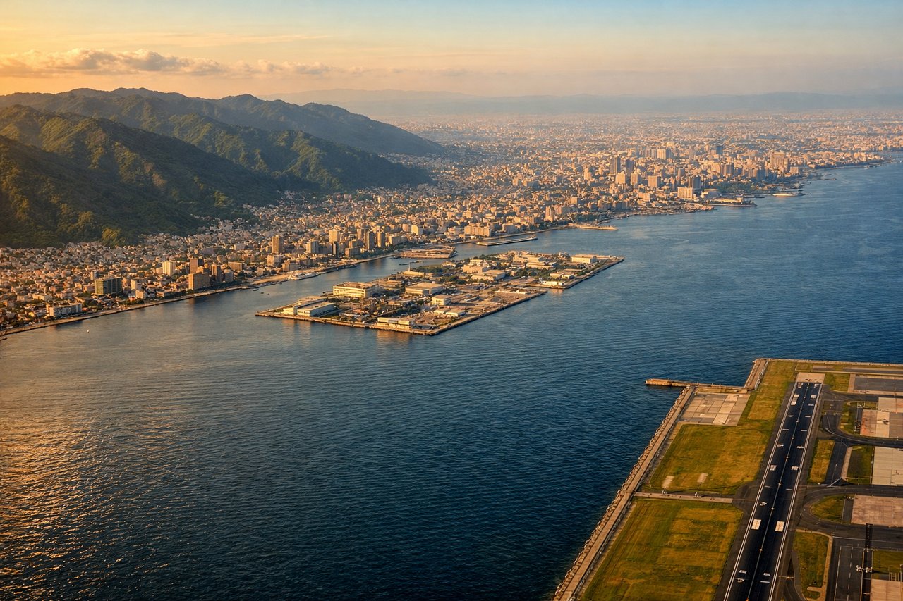 Left window seat view during landing at Osaka (KIX) — Osaka Bay, Kobe city and port, Rokko mountain range, Osaka city coastline