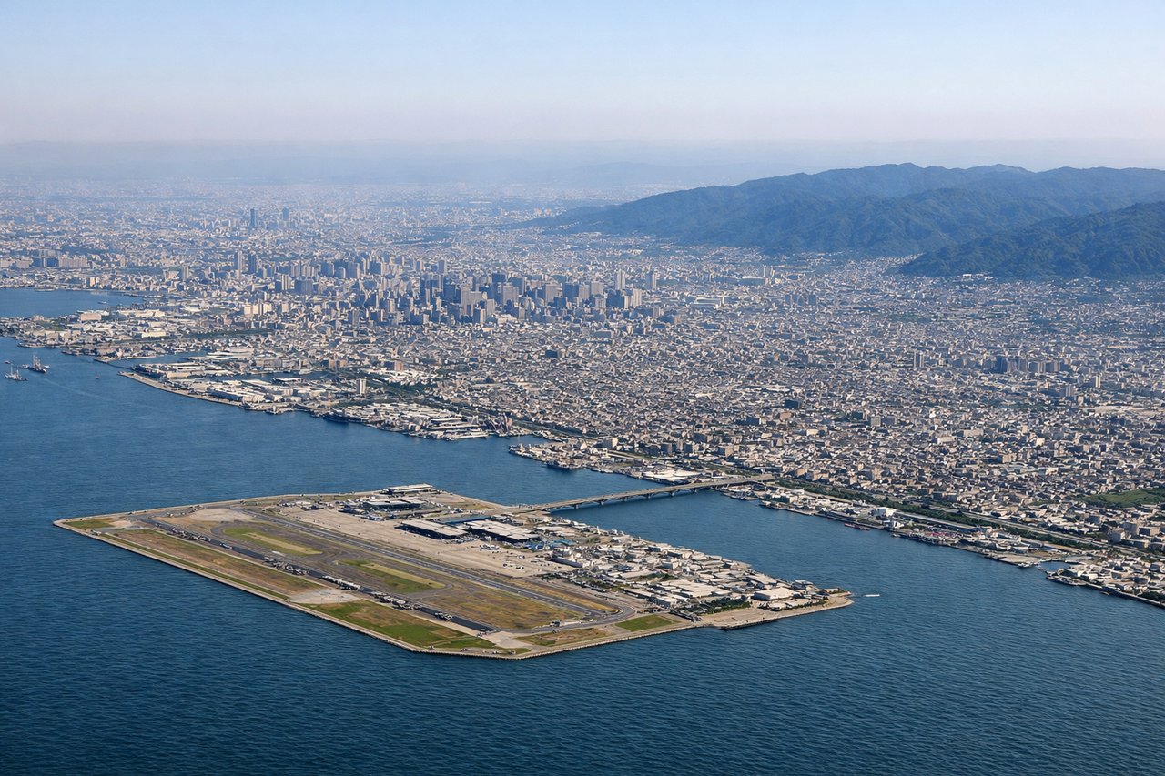 Aerial window seat view during takeoff from Osaka (right side) — Osaka Bay (immediate offshore), Kii Peninsula mountains (southeast), Wakayama coastline, inland Ise Bay (distant)