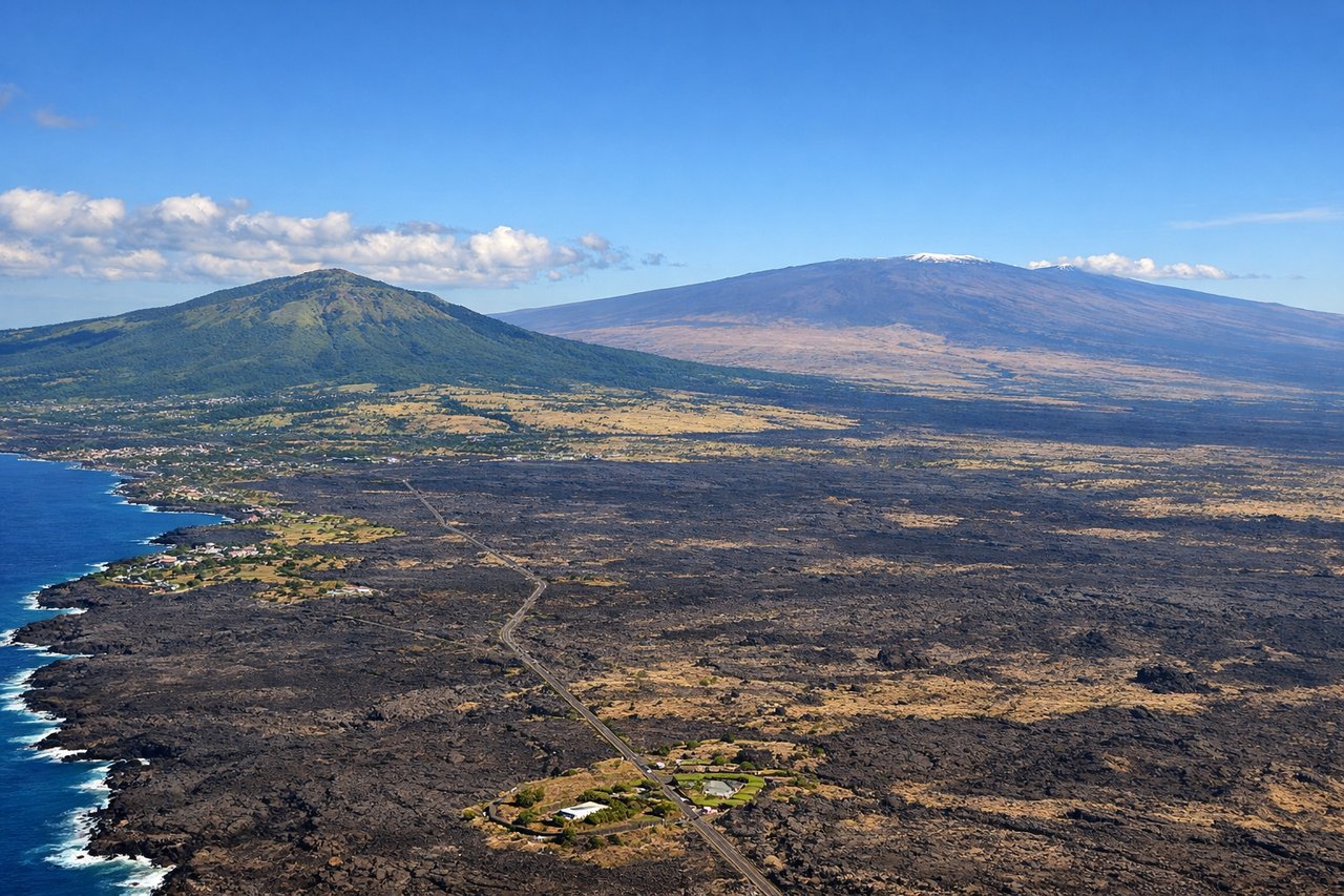 Aerial window seat view during landing at Kona (left side) — Hualalai volcano, Kona lava fields, Kailua-Kona coastline, Keauhou Bay