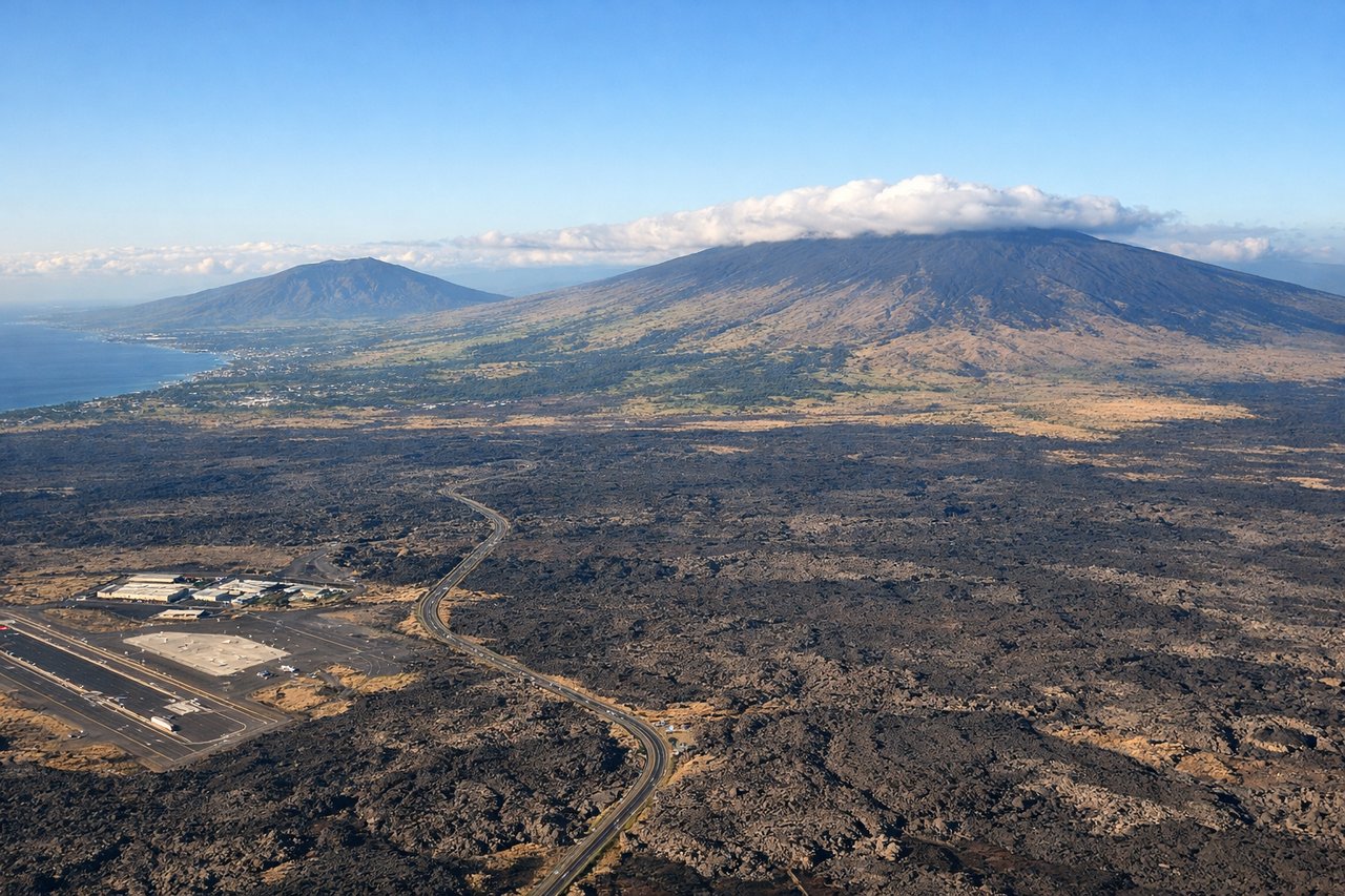 Aerial window seat view during landing at Kona (right side) — Pacific Ocean, Big Island's lava fields and volcanic terrain, Kona coast, Hualalai volcano slopes