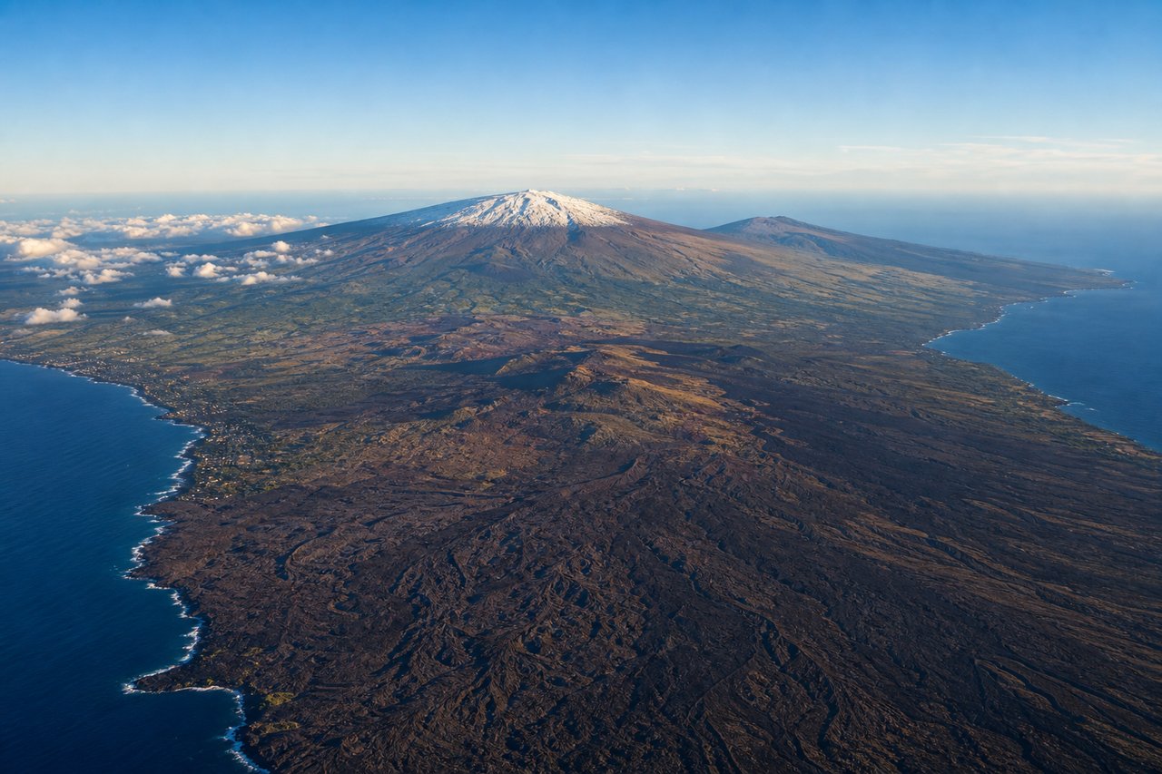 Aerial window seat view during takeoff from Kona (left side) — Kona coastline with dark lava fields, Mauna Loa's western slope, Pacific Ocean horizon, Keahole Point