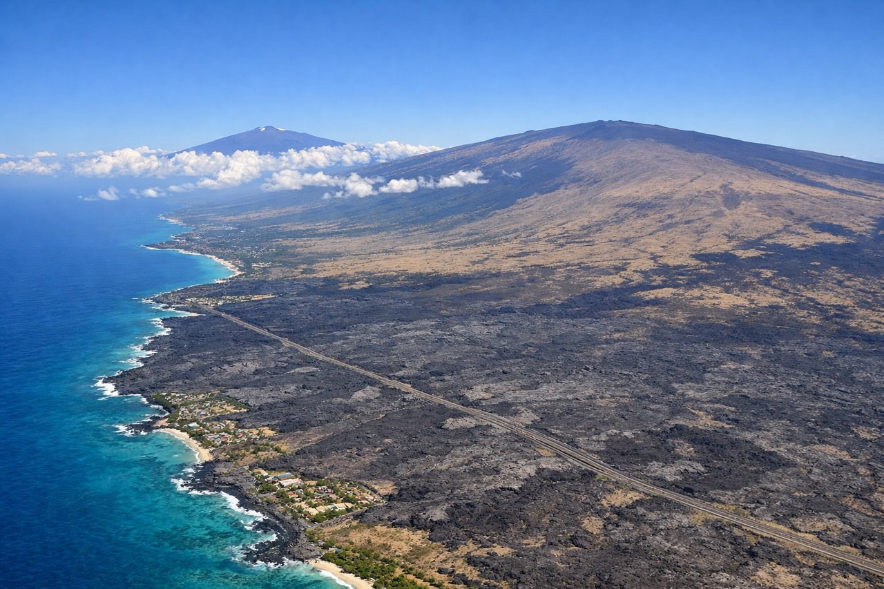 Aerial window seat view during takeoff from Kona (right side) — Mauna Kea (13,796 ft), Mauna Loa (13,681 ft), Hualālai volcano, Kona coast and Kailua-Kona town