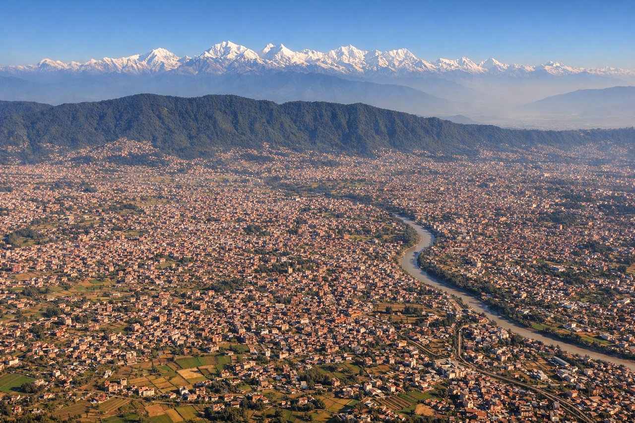 Left window seat view during landing at Kathmandu (KTM) — Langtang Himal range, Kathmandu Valley terraced farmland, Bagmati River, Shivapuri hill ridge