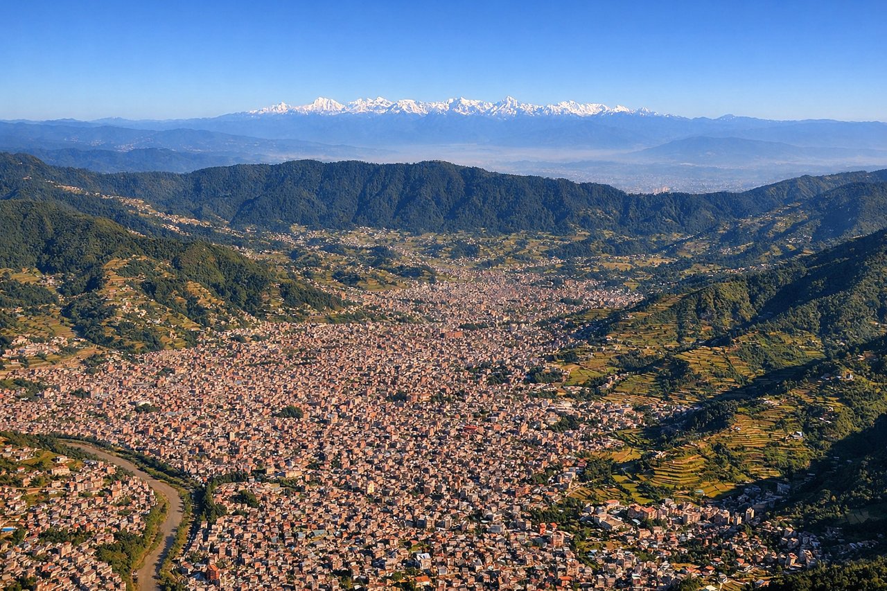 Aerial window seat view during takeoff from Kathmandu (left side) — Kathmandu Valley terraced fields and rooftops, forested valley rim hills, distant Himalayan skyline (Langtang Himal / Gauri Shankar area), occasional glimpse of the Everest massif to the east-northeast
