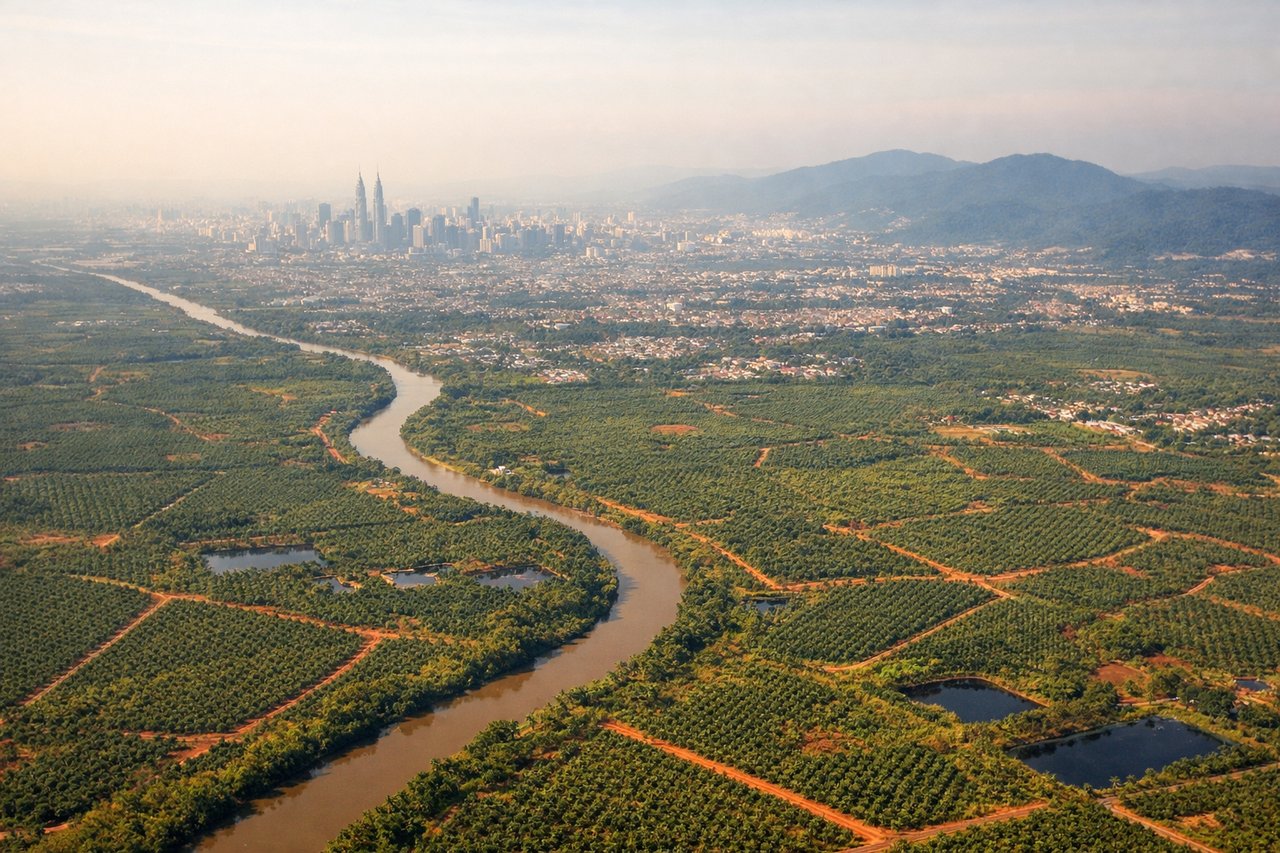 Aerial window seat view during landing at Kuala Lumpur (left side) — Petronas Twin Towers and Kuala Lumpur skyline, Klang River and its delta system, Selangor state's palm oil plantations and industrial zones, Kuala Lumpur International Airport's runways and taxiways