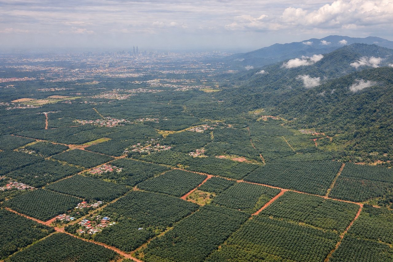 Aerial window seat view during landing at Kuala Lumpur (right side) — Petronas Towers, KL Tower skyline, Klang Valley urban sprawl, Titiwangsa Range (distant)
