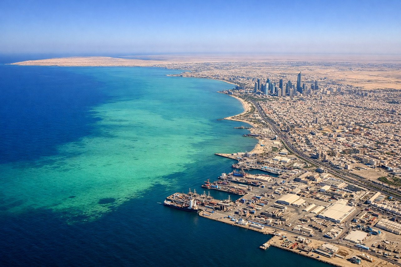 Left window seat view during landing at Kuwait (KWI) — Kuwait Bay, Kuwait City skyline and coastline, Persian Gulf waters, urban sprawl of southern Kuwait City suburbs
