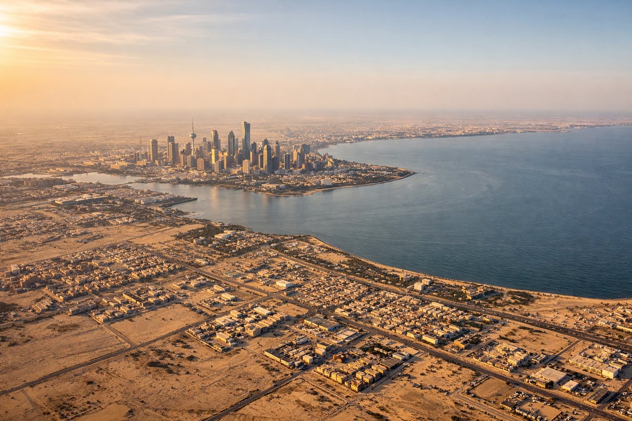 Aerial window seat view during landing at Kuwait (right side) — Kuwait Bay and Persian Gulf coastline, Kuwait City's waterfront and harbor district, Subiya area and northern coastal developments