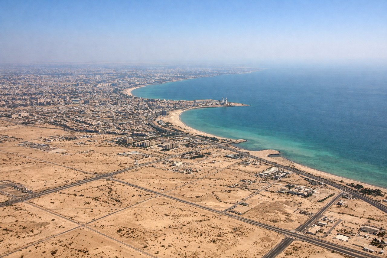 Left window seat view during takeoff from Kuwait (KWI) — Kuwait City skyline, Kuwait Bay, Persian Gulf coastline, Al Jahra desert fringe to the west (background)