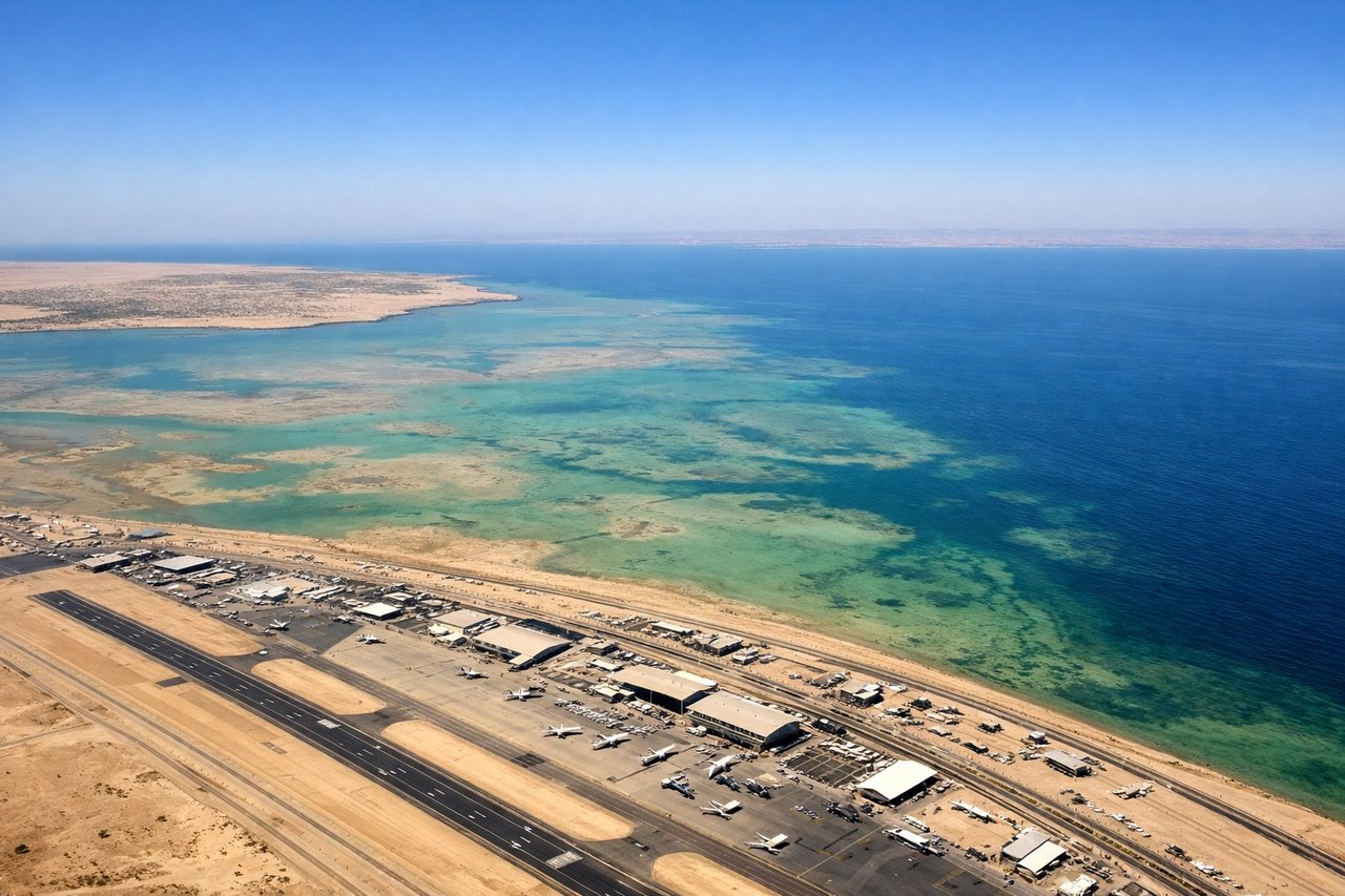 Right window seat view during takeoff from Kuwait (KWI) — Kuwait City skyline, Kuwait Bay, Persian Gulf coastline, Al Jahra desert fringe to the west (background)