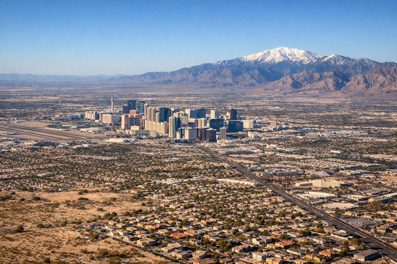 Aerial window seat view during landing at Las Vegas (right side) — Las Vegas Strip skyline, Stratosphere Tower, Red Rock Canyon escarpment in the distance, McCarran runway complex