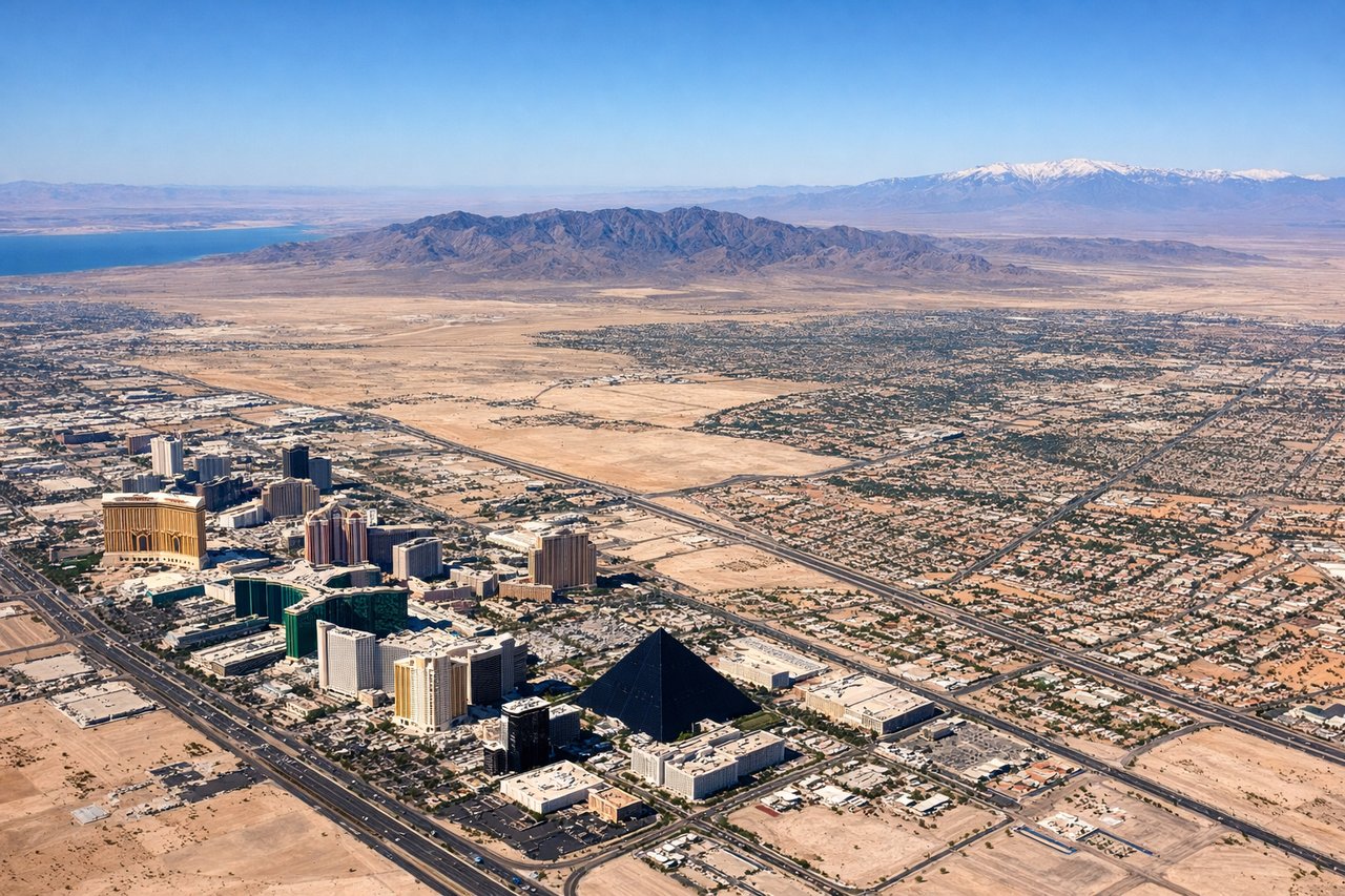 Right window seat view during takeoff from Las Vegas (LAS) — Las Vegas Strip, Downtown Las Vegas, Spring Mountains, Red Rock Canyon escarpment