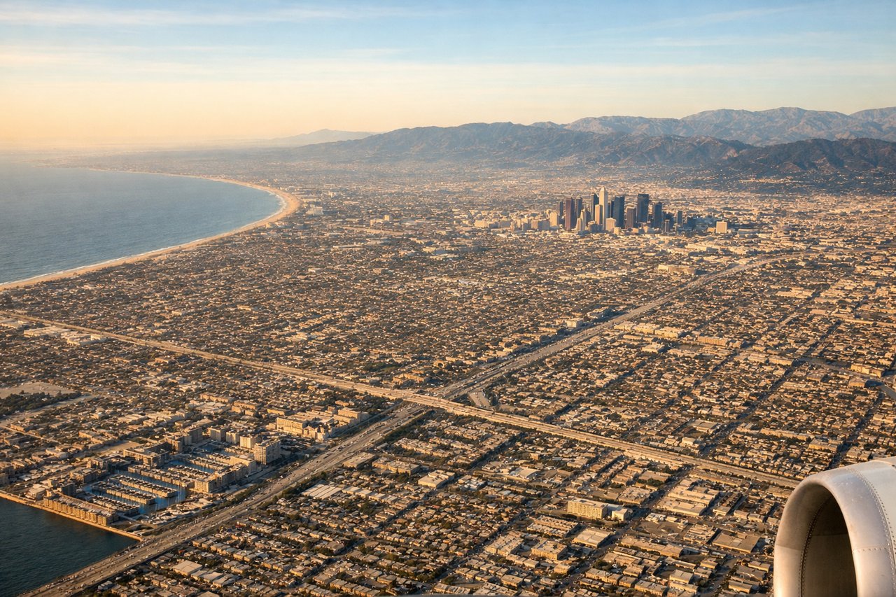 Aerial window seat view during landing at Los Angeles (right side) — San Gabriel Mountains, San Fernando Valley, Downtown Los Angeles skyline, Griffith Park hills