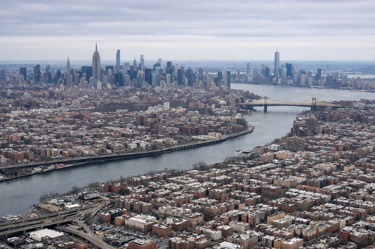 Aerial window seat view during landing at New York (left side) — Hudson River, Manhattan skyline, East River, Bronx waterfront