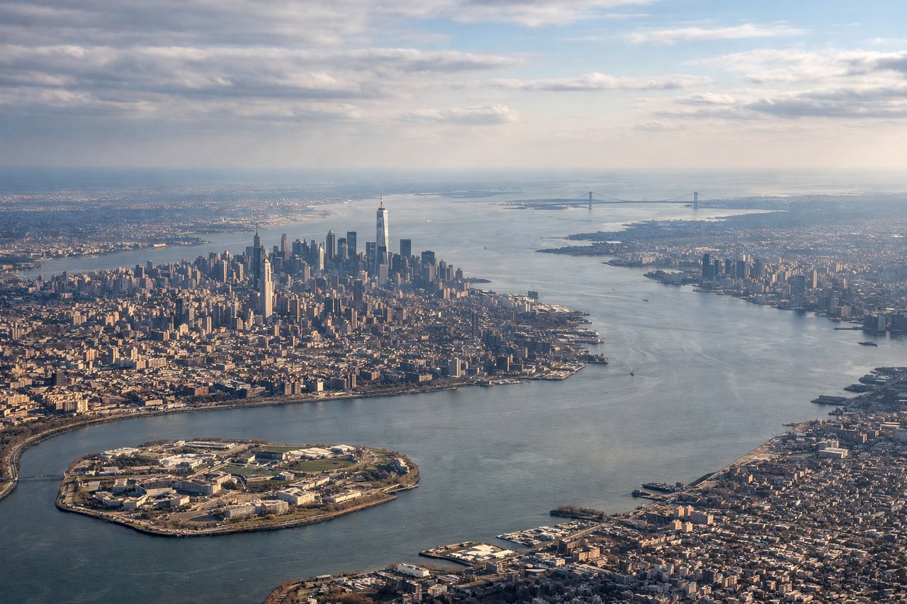 Aerial window seat view during takeoff from New York (left side) — Manhattan skyline, Hudson River, LaGuardia's Rikers Island area, New Jersey shoreline