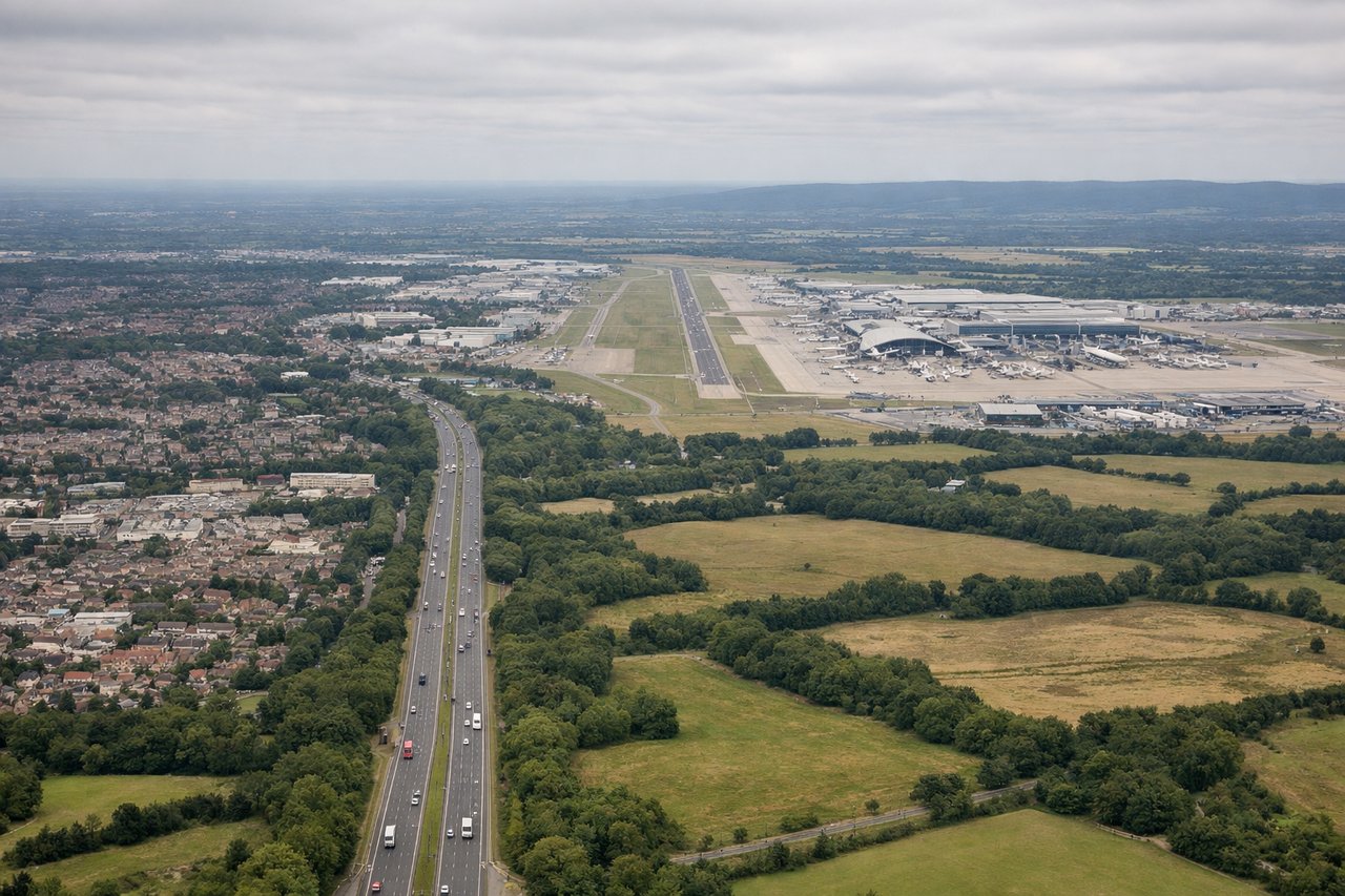 Aerial window seat view during landing at London (left side) — North Downs chalk ridge, Surrey Hills AONB woodland, M23 motorway corridor, Crawley town grid directly below on short final