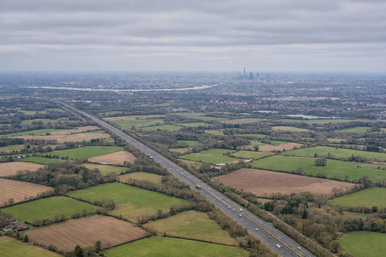Aerial window seat view during landing at London (right side) — Thames estuary and winding river (distinctive silver ribbon), Greater London urban grid, Surrey/Sussex countryside patchwork, Gatwick runway complex