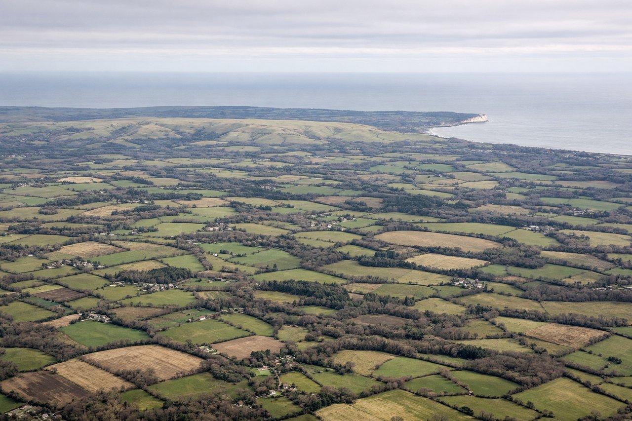 Right window seat view during takeoff from London (LGW) — South Downs ridge, Ashdown Forest woodland, English Channel coastline near Brighton/Worthing, patchwork Sussex farmland