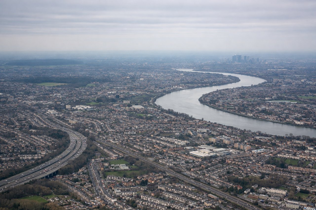 Aerial window seat view during landing at London (left side) — River Thames bend through London, London Eye and Canary Wharf skyline, Windsor Castle, Staines Reservoirs