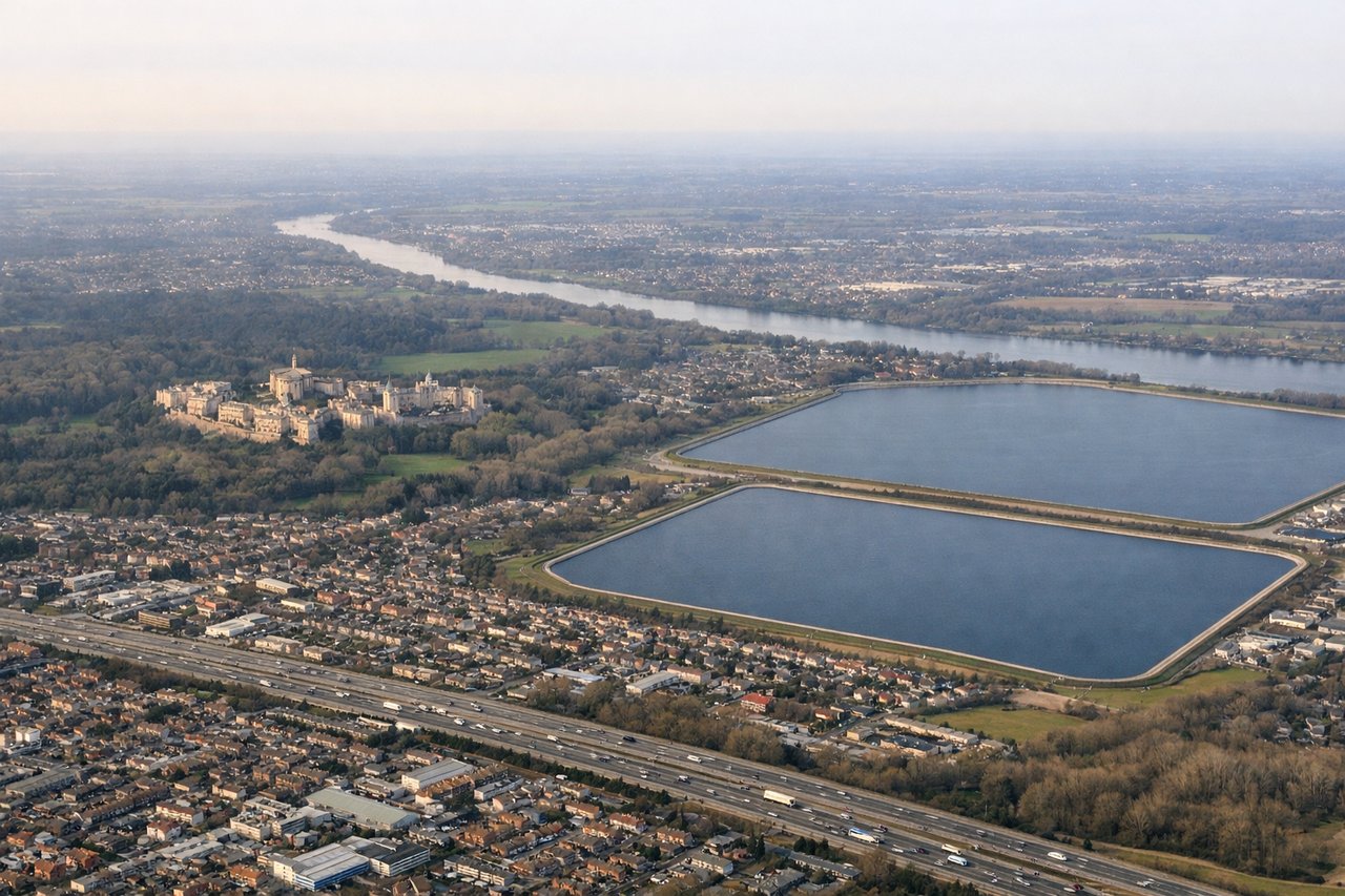 Aerial window seat view during landing at London (right side) — River Thames bends, Canary Wharf towers, London Eye, Windsor Castle near final approach