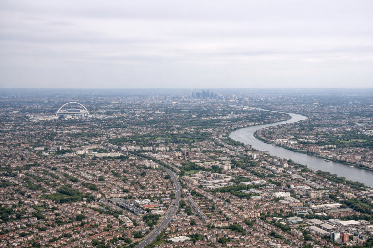 Aerial window seat view during takeoff from London (right side) — Windsor Castle, River Thames bends, Berkshire countryside, western London suburbs