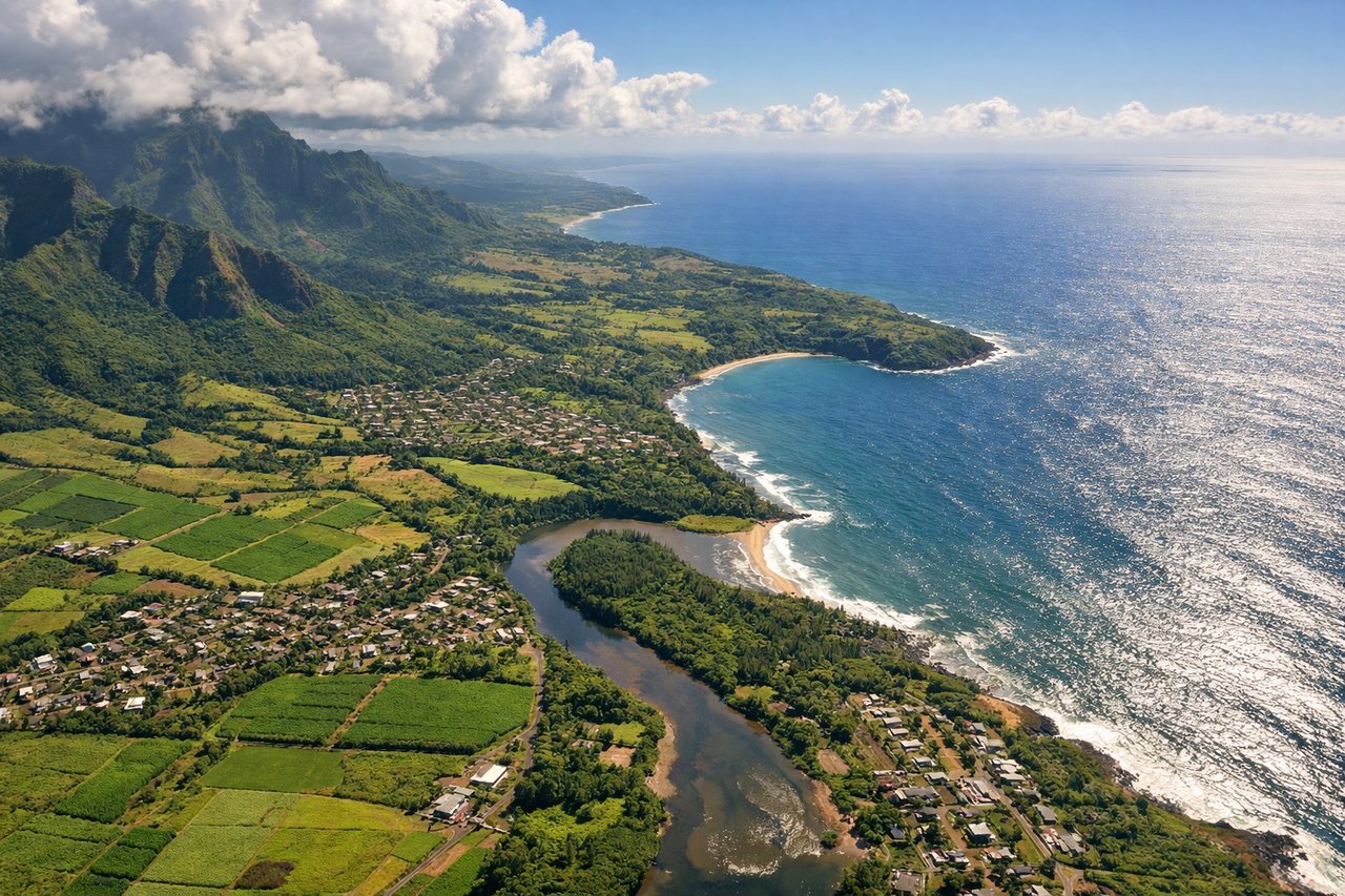 Aerial window seat view during landing at Lihue (left side) — Sleeping Giant ridge, Wailua River valley, Kauai's green interior peaks, Nawiliwili coastline