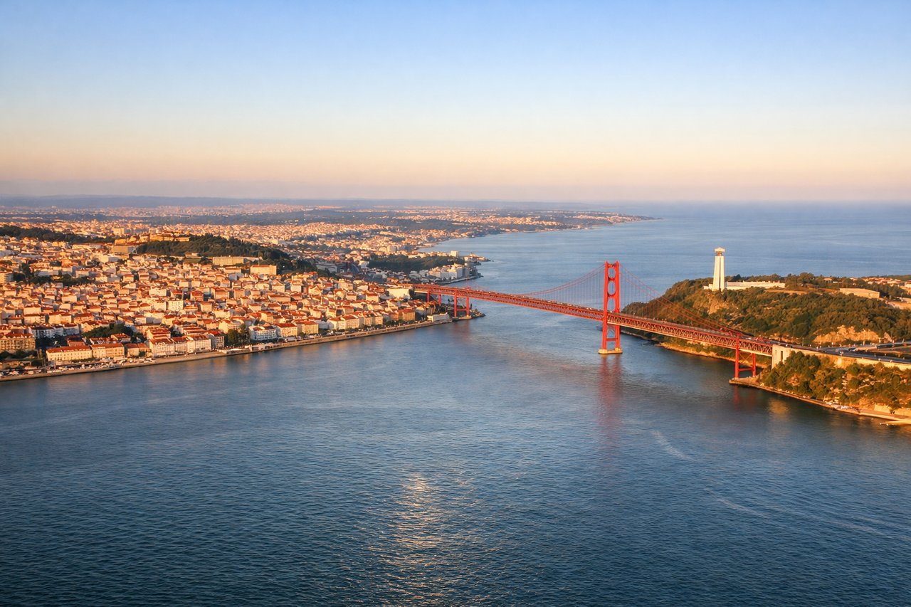 Aerial window seat view during landing at Lisbon (right side) — Rio Tejo (Tagus estuary), 25 de Abril suspension bridge, Cristo Rei statue on south bank, Lisbon city centre and its seven hills