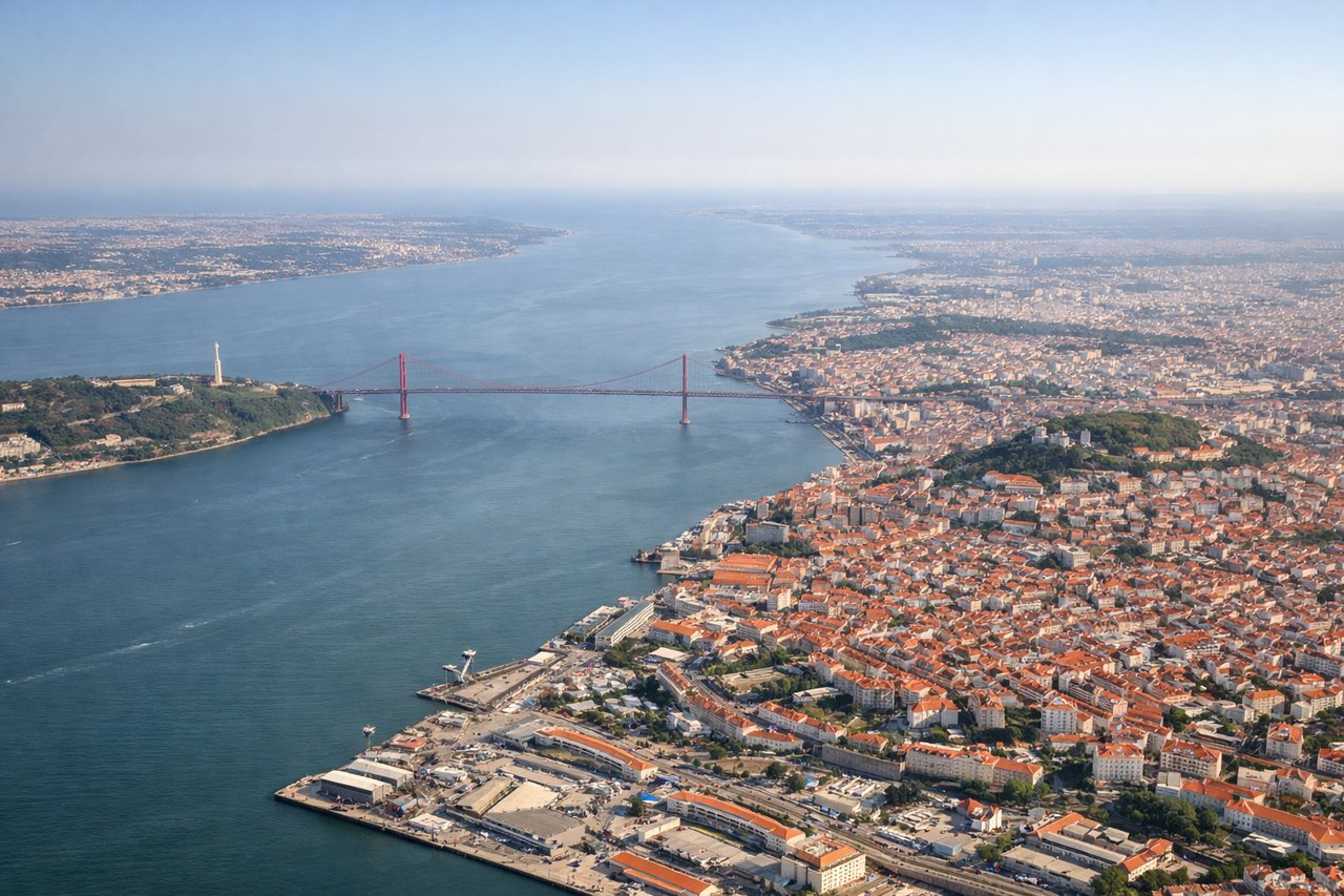Aerial window seat view during takeoff from Lisbon (left side) — Tagus River estuary, Lisbon waterfront and 25 de Abril Bridge area, Cascais coastline, Sintra mountains