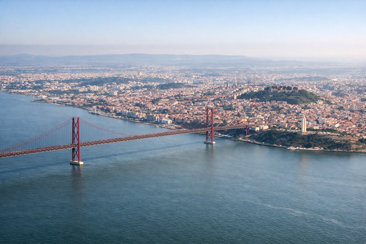 Aerial window seat view during takeoff from Lisbon (right side) — 25 de Abril Bridge over the Tagus, Cristo Rei statue on south bank, Lisbon city center and Alfama district hillside, Tagus estuary widening toward the Atlantic