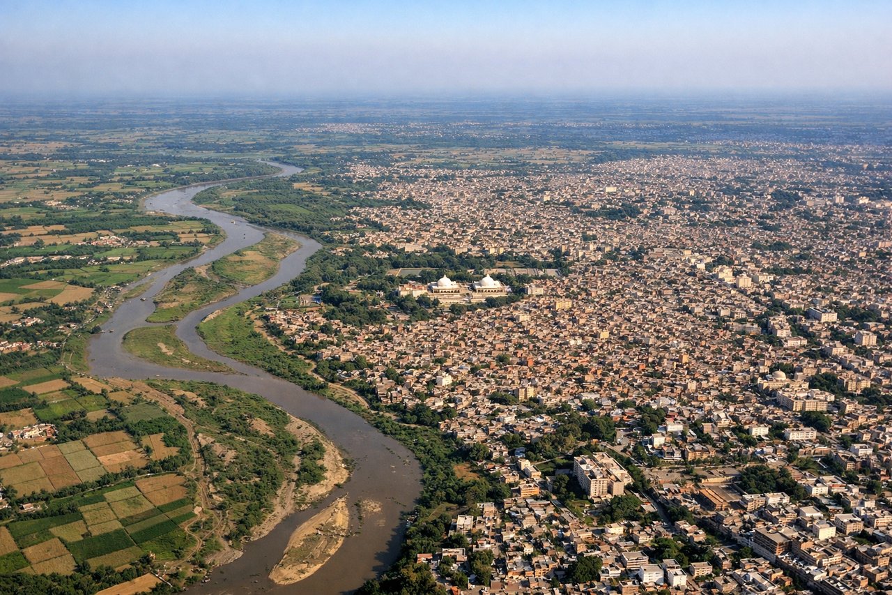 Left window seat view during landing at Lucknow (LKO) — Gomti River (winding through the city), Lucknow city grid and older neighborhoods, Charbagh area, flat Indo-Gangetic Plain extending to the horizon