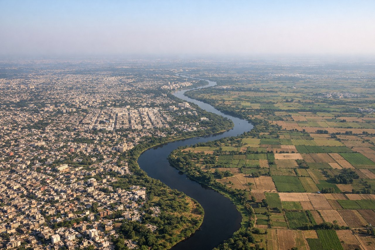 Right window seat view during takeoff from Lucknow (LKO) — Gomti River (meandering south of airport), Lucknow city sprawl (south and southwest), agricultural fields and scattered villages (north and west), distant tree lines marking water channels