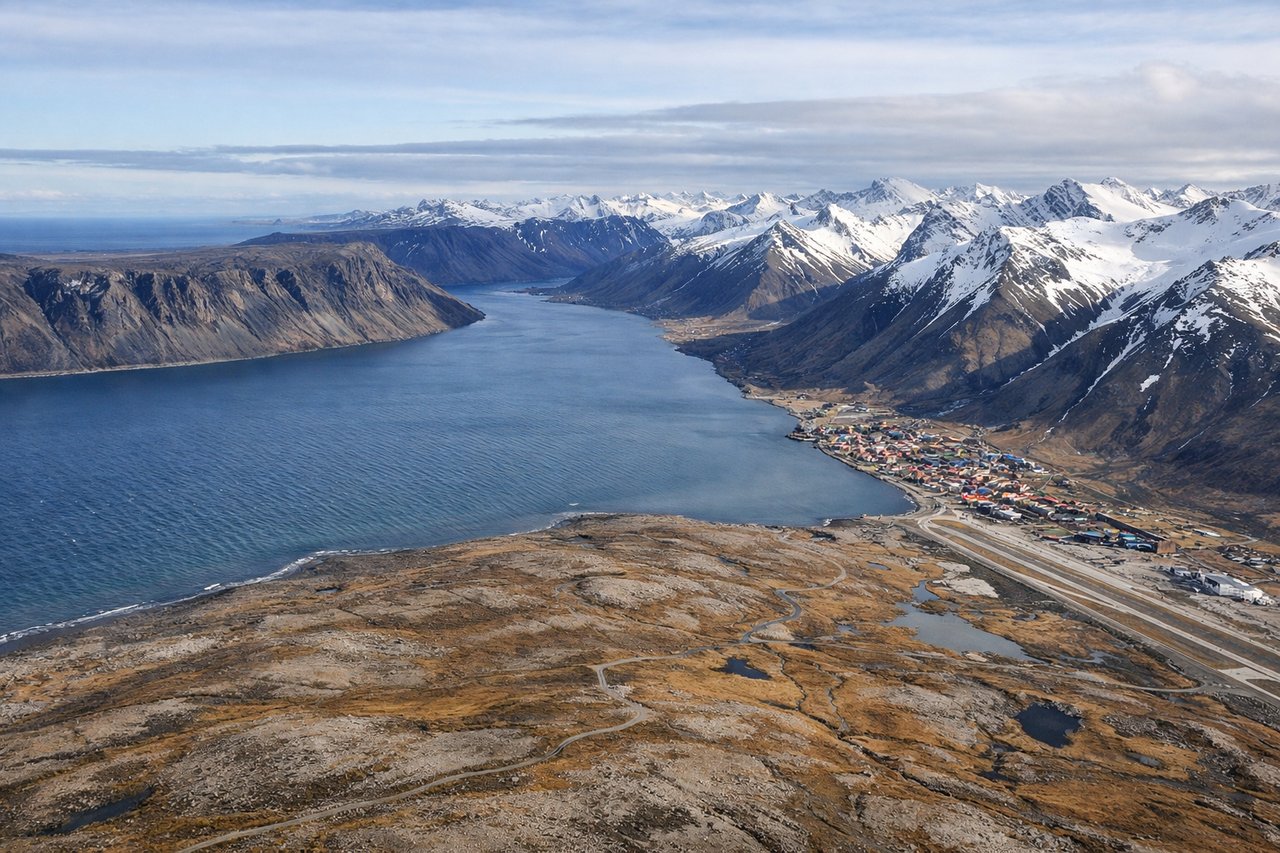 Aerial window seat view during landing at Svalbard (left side) — Longyearbreen glacier, Platåberget cliffs, Isfjorden, Longyearbyen settlement