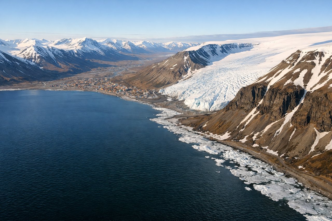 Right window seat view during landing at Svalbard (LYR) — Hiorthfjellet mountain, Adventfjorden fjord waters, Isfjorden and its distant glaciated peaks, Longyearbyen township glimpsed on the south shore