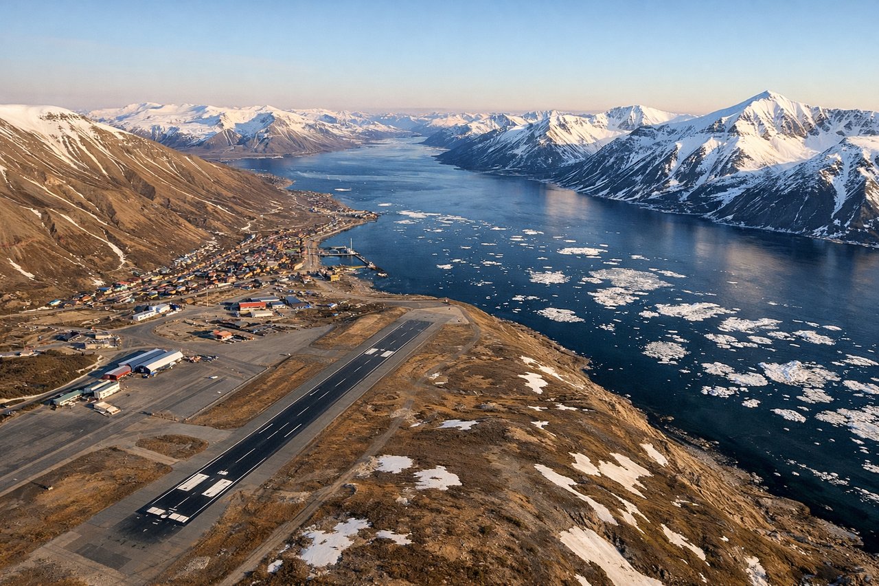 Right window seat view during takeoff from Svalbard (LYR) — Hiorthfjellet mountain, Adventfjorden, Isfjorden mouth, Longyearbyen town below