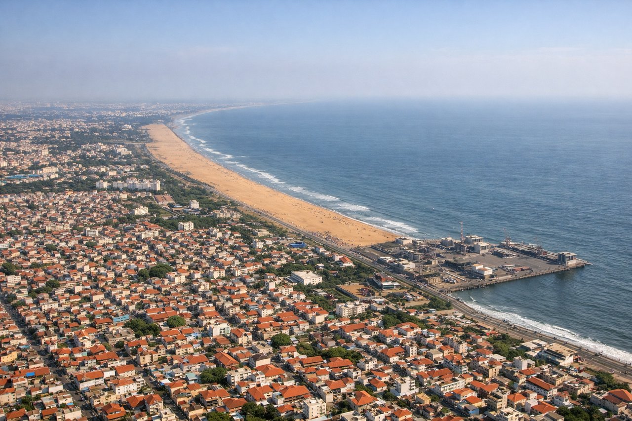 Right window seat view during landing at Madras (MAA) — Bay of Bengal coastline, Adyar river estuary, Guindy National Park, Chennai city skyline to the north