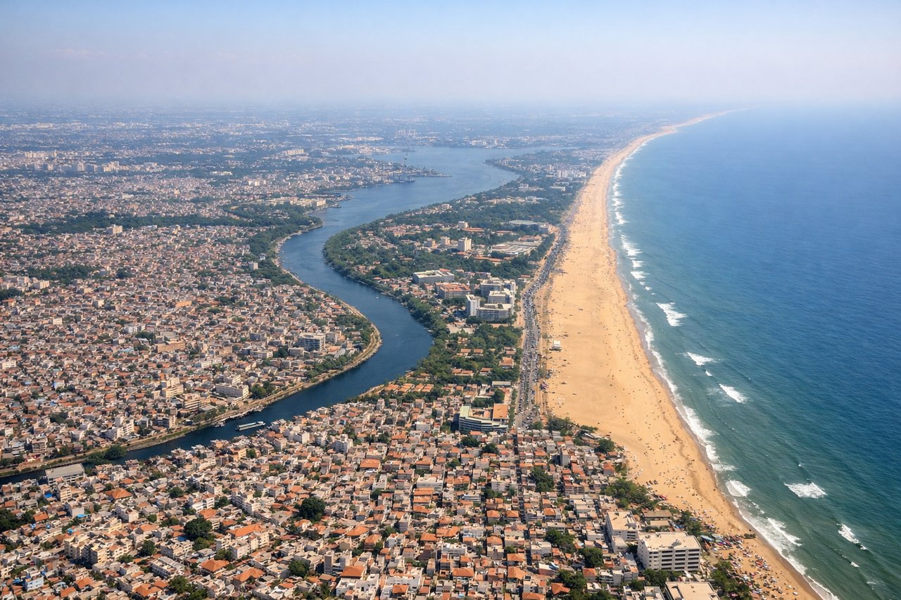 Right window seat view during takeoff from Madras (MAA) — Chennai city skyline and Marina Beach coastline, Adyar River mouth, Bay of Bengal shoreline, IT corridor along OMR in the distance